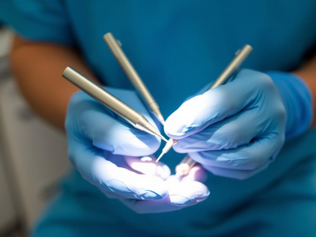 Instrumentos odontológicos estéreis nas mãos de dentista